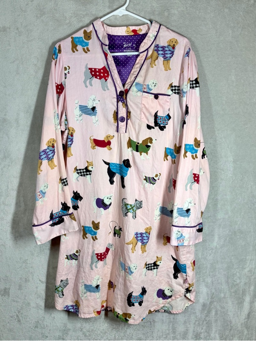 Nick & Nora Pink Dog Print Nightgown Size L Cotton Cute Pets Sleepwear Pajamas